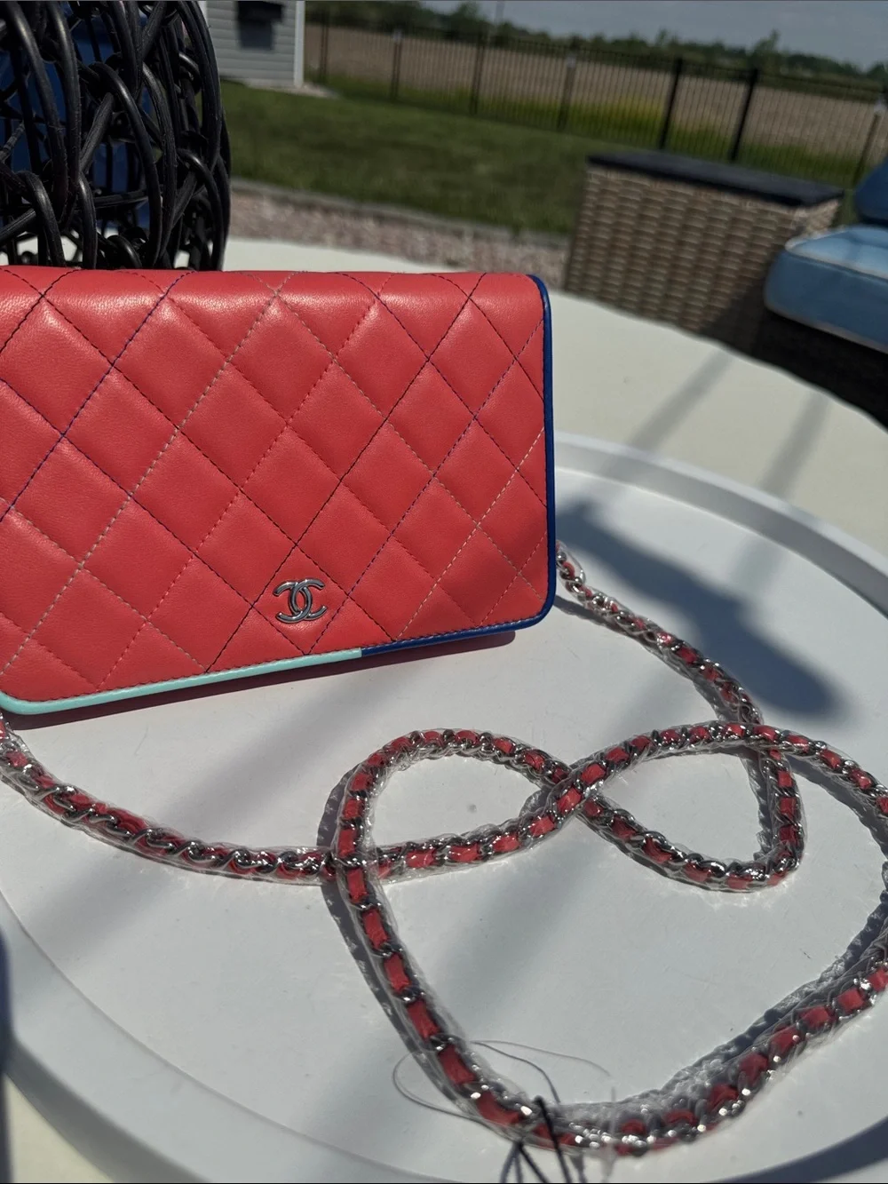 CHANEL Coral Quilted Leather Crossbody with Blue and Mint Trim
